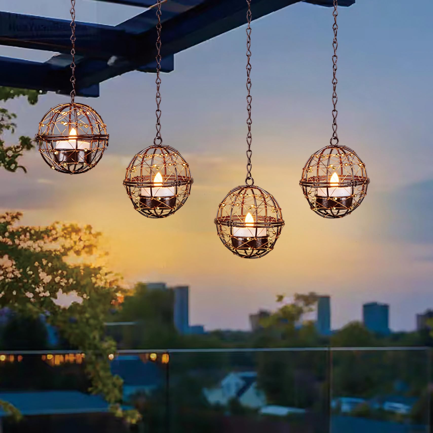 Outdoor Solar Hanging Lanterns Waterproof, Globe Hanging Candle Holder With Flickering Solar Powered Tea Lights, Chargeable Sola